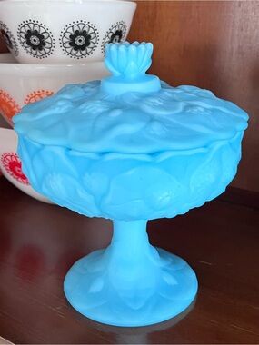 Fenton Blue Satin Glass Water Lily Covered Compote 1970 Floral Pedestal Dish
